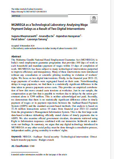 Rajendran Narayanan (@rajendran_naray) on Twitter photo In this paper published in the latest edition of Indian Journal of Labour Economics, we show how NREGA has been treated as a tech lab. On claims that Aadhaar leads to reduction in wage payment delays <a href="/MoRD_GoI/">Ministry of Rural Development, Government of India</a> has made Aadhaar mandatory. We (1) debunk this claim & show In this paper published in the latest edition of Indian Journal of Labour Economics, we show how NREGA has been treated as a tech lab. On claims that Aadhaar leads to reduction in wage payment delays <a href="/MoRD_GoI/">Ministry of Rural Development, Government of India</a> has made Aadhaar mandatory. We (1) debunk this claim & show