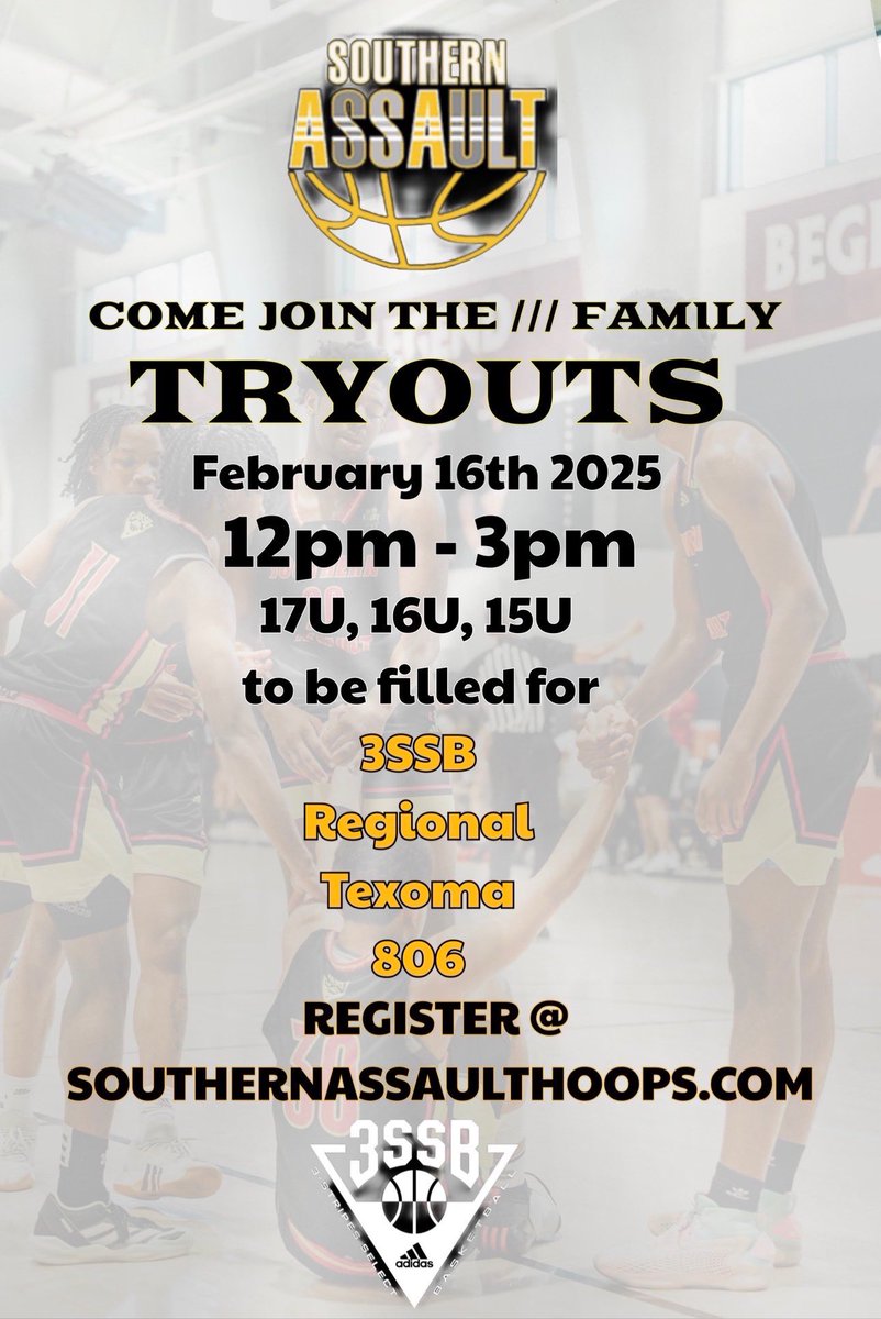 Southern Assault Texoma (@satexomahoops) on Twitter photo Our boys <a href="/AssaultSouthern/">Southern Assault</a> <a href="/SATexoma16u/">Erik Phillips</a> programs will be having their tryouts in TEXAS.
REGISTER @
SOUTHERNASSAULTHOOPS.COM for the boys tryout.
Our <a href="/SoAssaultGBB/">Southern Assault Girls Basketball</a> program is having tryouts Feb 16th at VCS in Tulsa Oklahoma.
Girls- forms.gle/WFvqNxoJqHivvV… Our boys <a href="/AssaultSouthern/">Southern Assault</a> <a href="/SATexoma16u/">Erik Phillips</a> programs will be having their tryouts in TEXAS.
REGISTER @
SOUTHERNASSAULTHOOPS.COM for the boys tryout.
Our <a href="/SoAssaultGBB/">Southern Assault Girls Basketball</a> program is having tryouts Feb 16th at VCS in Tulsa Oklahoma.
Girls- forms.gle/WFvqNxoJqHivvV…