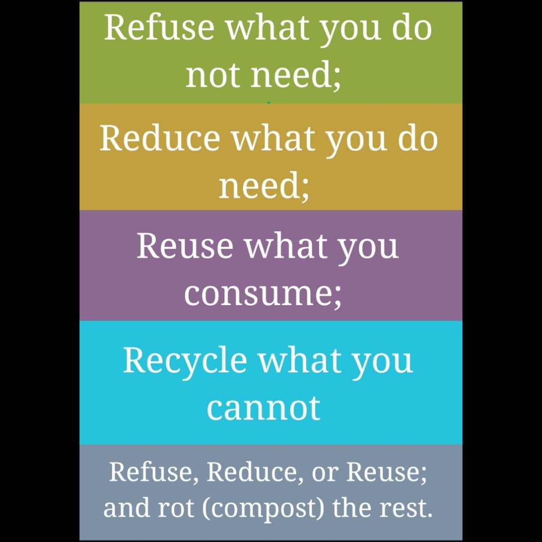 “refuse what you do not need; reduce what you do need; reuse what you consume; recycle what you cannot refuse, reduce, or reuse; and rot (compost) the rest.”

#SegregateWaste
#SimplifyLife