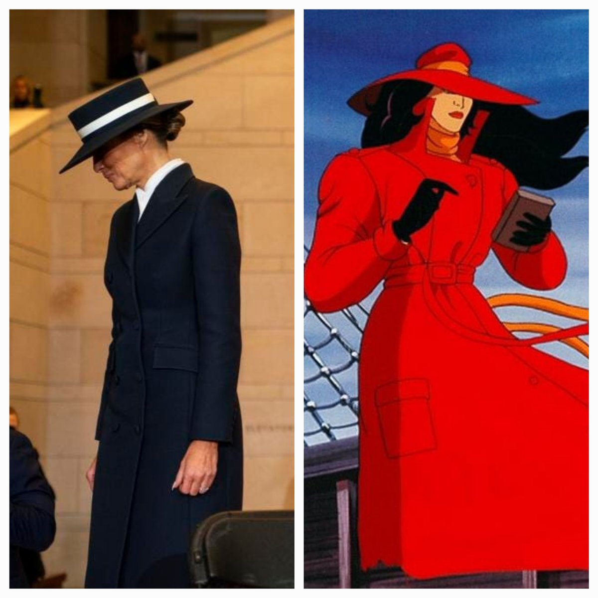 Kriativeone's tweet photo. @SueHappy3 look at Melania looking like Carmen Sandiego https://t.co/HrP79cGS9j