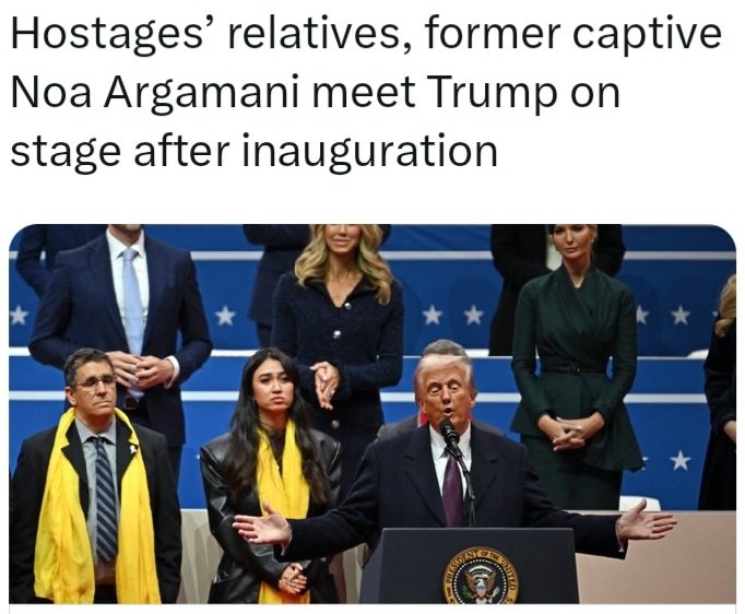 以色列人质家属和被以军营救的华裔女孩诺雅在川普宣誓就职后讲话时站在川普身后。