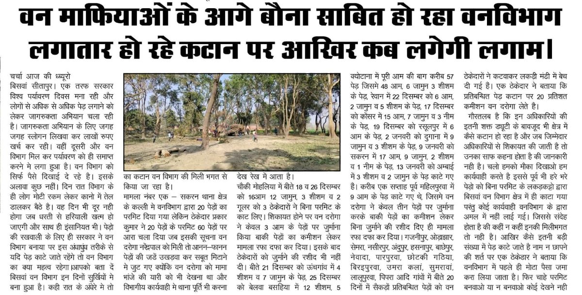 बिसवां (सीतापुर) हरियाली का दुश्मन बना बिसवां वनविभाग सैकड़ों की संख्या आए दिन पेड़ों की चढ़ती है बली।

राजस्व विभाग को लाखों की संख्या मे लगाया जाता है चूना।

थाना पूर्ति के नाम पर आधे साधे का किया जाता है जुर्माना बाकी शेष पेड़ों की वसूली जाती है रकम? <a href="/dm_sitapur/">DM Sitapur</a> <a href="/DfoSitapur/">Dfo Sitapur</a>