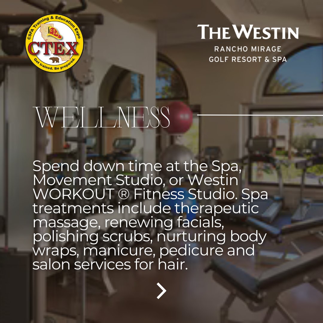 🌴 CTEX 2025 meets luxury at the Westin Rancho Mirage Golf Resort &amp; Spa!

Between sessions, enjoy: ⛳ Golf &amp; spa 🏊‍♂️ Swim park 🍝 Italian dining 🎳 Bowling 🛍️ El Paseo shopping
☀️ 75° &amp; sunny!
📅Feb 24-25
Register: CTEX.CSFA.NET
#CTEX2025 #PalmSpringsEvents #FireCareer