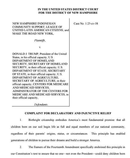 ZoeTillman's tweet photo. New tonight: Trump already faces a lawsuit challenging his executive order seeking to end automatic birthright citizenship -- case filed hours after the order was signed in federal court in New Hampshire by ACLU and other civil rights orgs. Story tk, complaint in the meantime:  https://t.co/r5VG4eDoiz