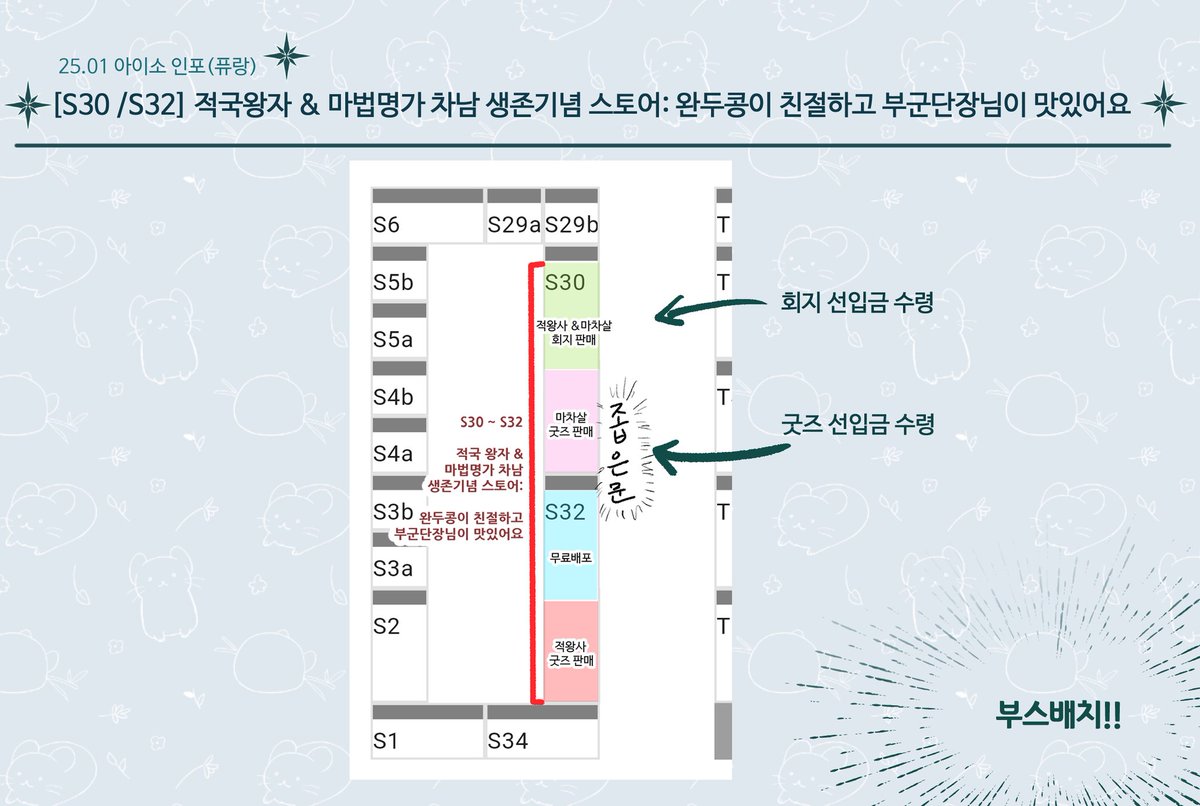 ✨️1/26(일) 아이소 [S30/S32] 부스에서 판매 예정인 적왕사&amp;마차살 굿즈 개인 인포입니다!
장르/굿즈별로 부스 위치가 다르니 마지막 이미지를 반드시 확인해주세요.
감사합니다!

부스 전체 인포는 추후 타래로 달아두겠습니다!
#적왕사 #마차살