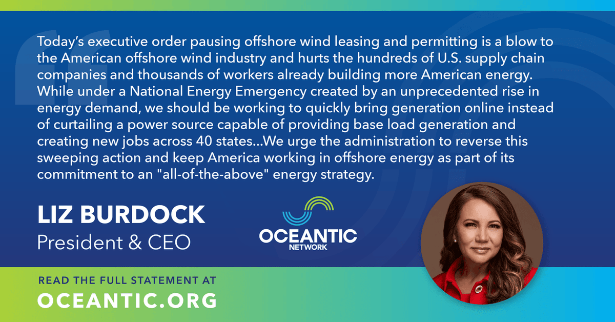 Trump declared a Natl Energy Emergency to use all nec resources to build critical infrastructure, then signed an Exec Order pausing #offshorewind leasing/permitting. This will hurt hundreds of U.S. companies, thousands of workers. Read our response here shorturl.at/OgBFb