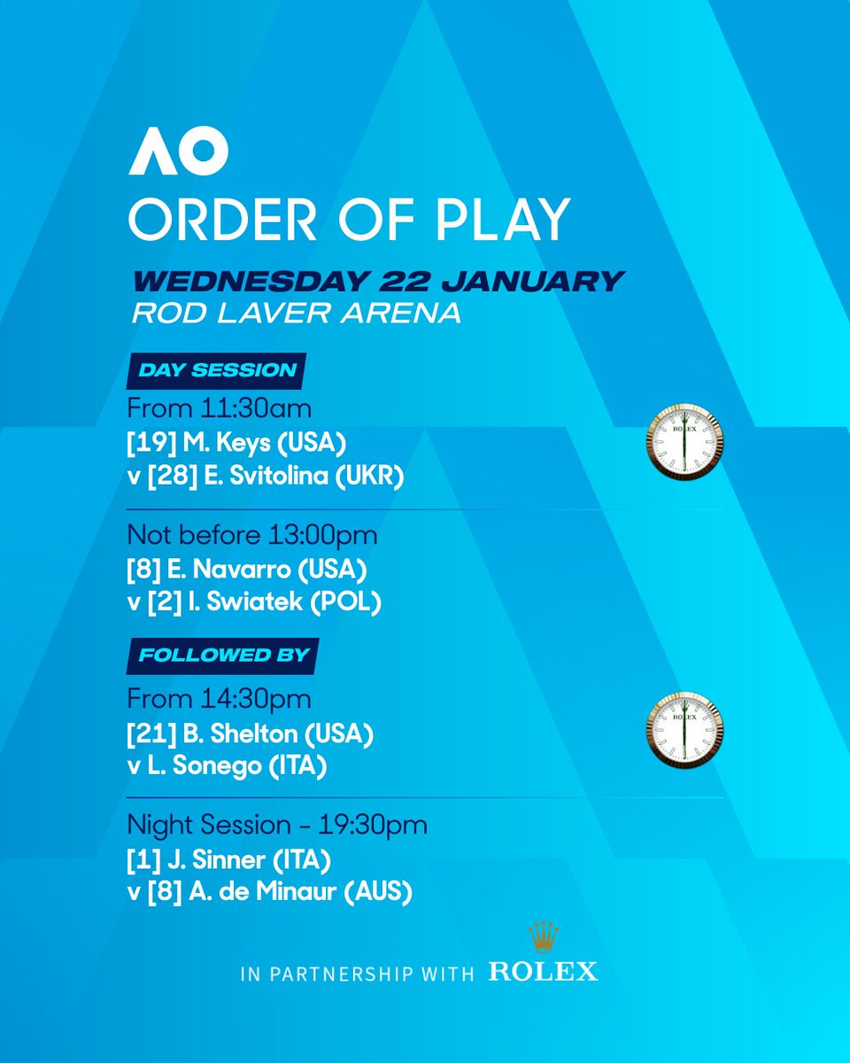🎾Australian Open order of play - RLA - Wednesday 22 January 🎾 NB: second night match on RLA TBA. View schedule ➡️ ausopen.com/schedule #AusOpen