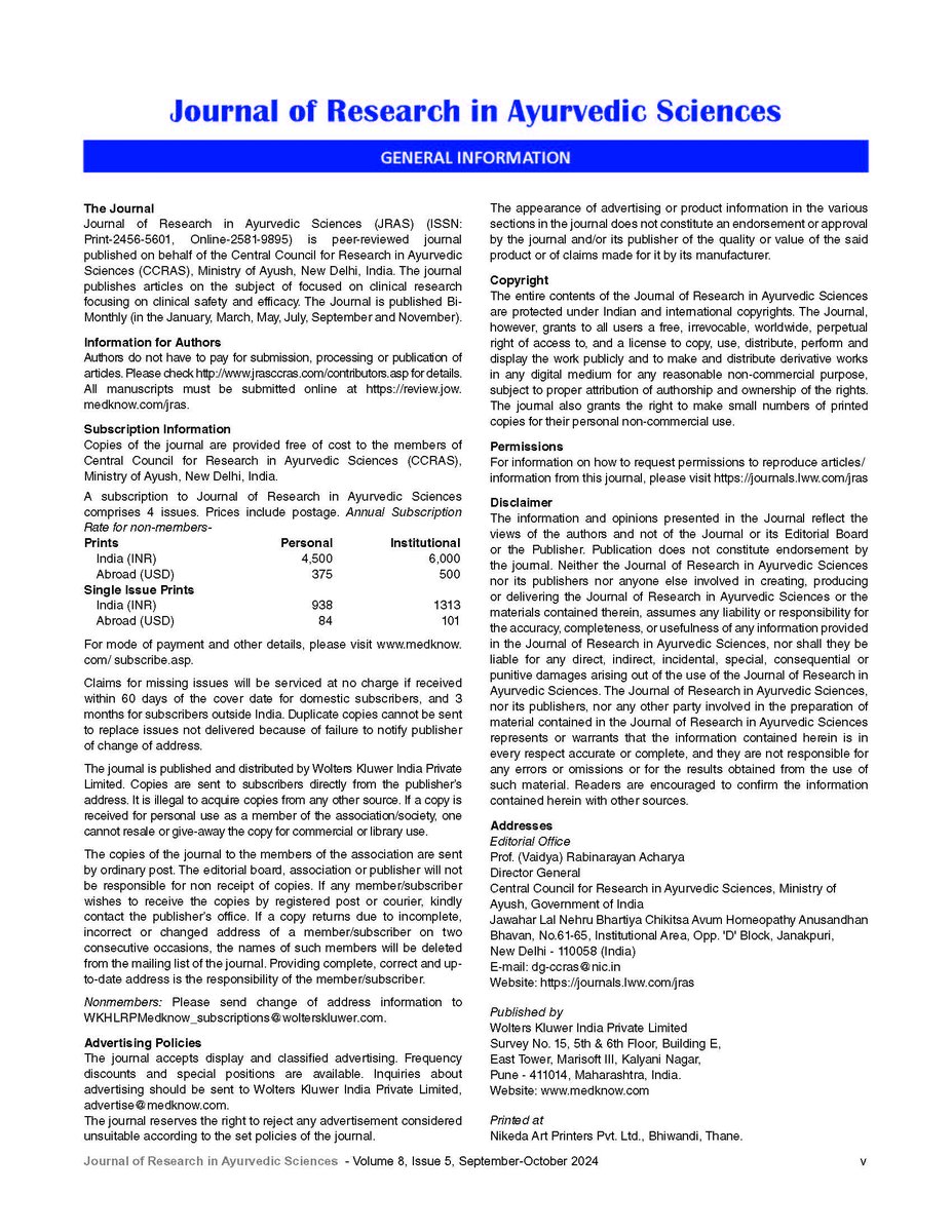 CCRAS_MoAyush's tweet photo. 📢New Release!
The latest issue of Journal of Research in Ayurvedic Sciences #JRAS, the UGC-CARE listed double-blind, peer-reviewed bimonthly publication of #CCRAS, is out now!

Check out the Sep-Oct 2024 Edition, Vol 8, No 5 today! 🌏https://t.co/2zYgZ2tnvi

#Ayush #Ayurveda https://t.co/9gRdfoNnTj