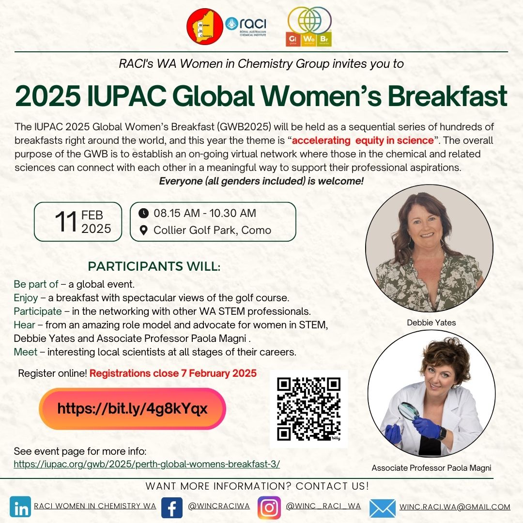 Women in Chemistry Group (RACI_WA) (@winc_raci_wa) on Twitter photo Registrations are now open for the 2025 Global Women's Breakfast!
Everyone (all genders included) is invited to participate in the Western Australian event and hear from two amazing speakers, A Prof Paola Magni and Debbie Yates
Register at: lnkd.in/gyVsQs5n Registrations are now open for the 2025 Global Women's Breakfast!
Everyone (all genders included) is invited to participate in the Western Australian event and hear from two amazing speakers, A Prof Paola Magni and Debbie Yates
Register at: lnkd.in/gyVsQs5n