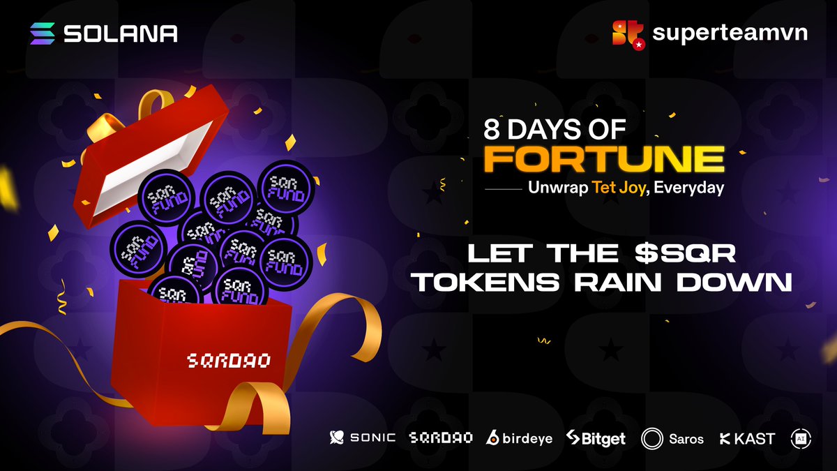 SuperteamVN's tweet photo. 🧧 Day 1 of 8 Days of Fortune: Kickstart Your Fortune with @sqrDAO!

The 8 Days of Fortune has begun! 🎉 Today's lucky box is courtesy of sqrDAO, a private community of builders shaping the decentralized web.

Today's Prize: $500 worth of $SQR tokens 👀 including:
3 🏆 - $50 worth of $SQR
5 🥇 - $30 worth of $SQR
10 🥈 - $10 worth of $SQR
20 🥉 - $5 worth of $SQR