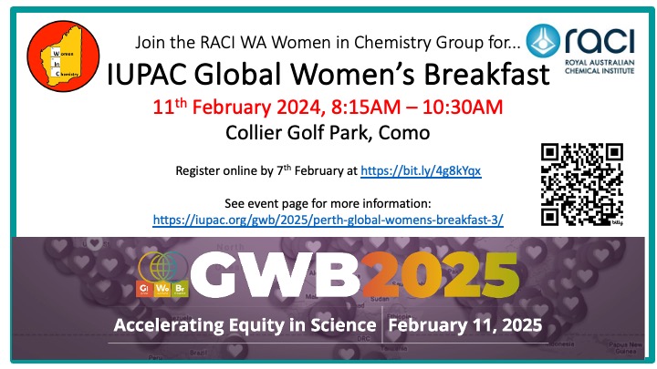 Women in Chemistry Group (RACI_WA) (@winc_raci_wa) on Twitter photo Registrations for the Perth 2025 Global Women's Breakfast close on Friday 7th Feb!  Come along to network and hear from two amazing speakers, Paola Magni and Debbie Yates 
Register at: lnkd.in/gyVsQs5n Registrations for the Perth 2025 Global Women's Breakfast close on Friday 7th Feb!  Come along to network and hear from two amazing speakers, Paola Magni and Debbie Yates 
Register at: lnkd.in/gyVsQs5n