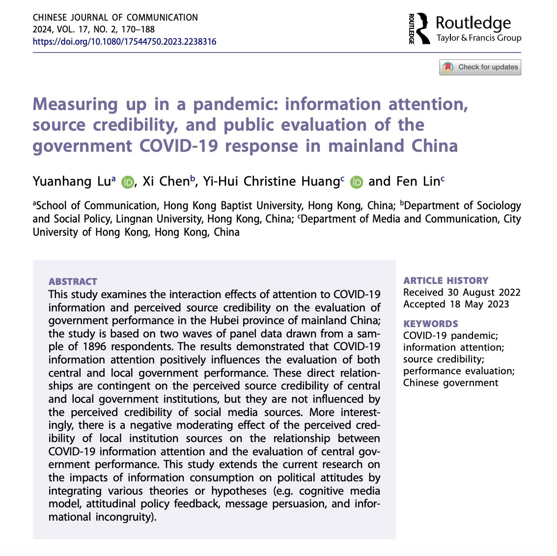 Lu et al. examined the interaction effects of attention to COVID-19 information and perceived source credibility on the evaluation of government performance in the Hubei province of mainland China.

Read here: doi.org/10.1080/175447…