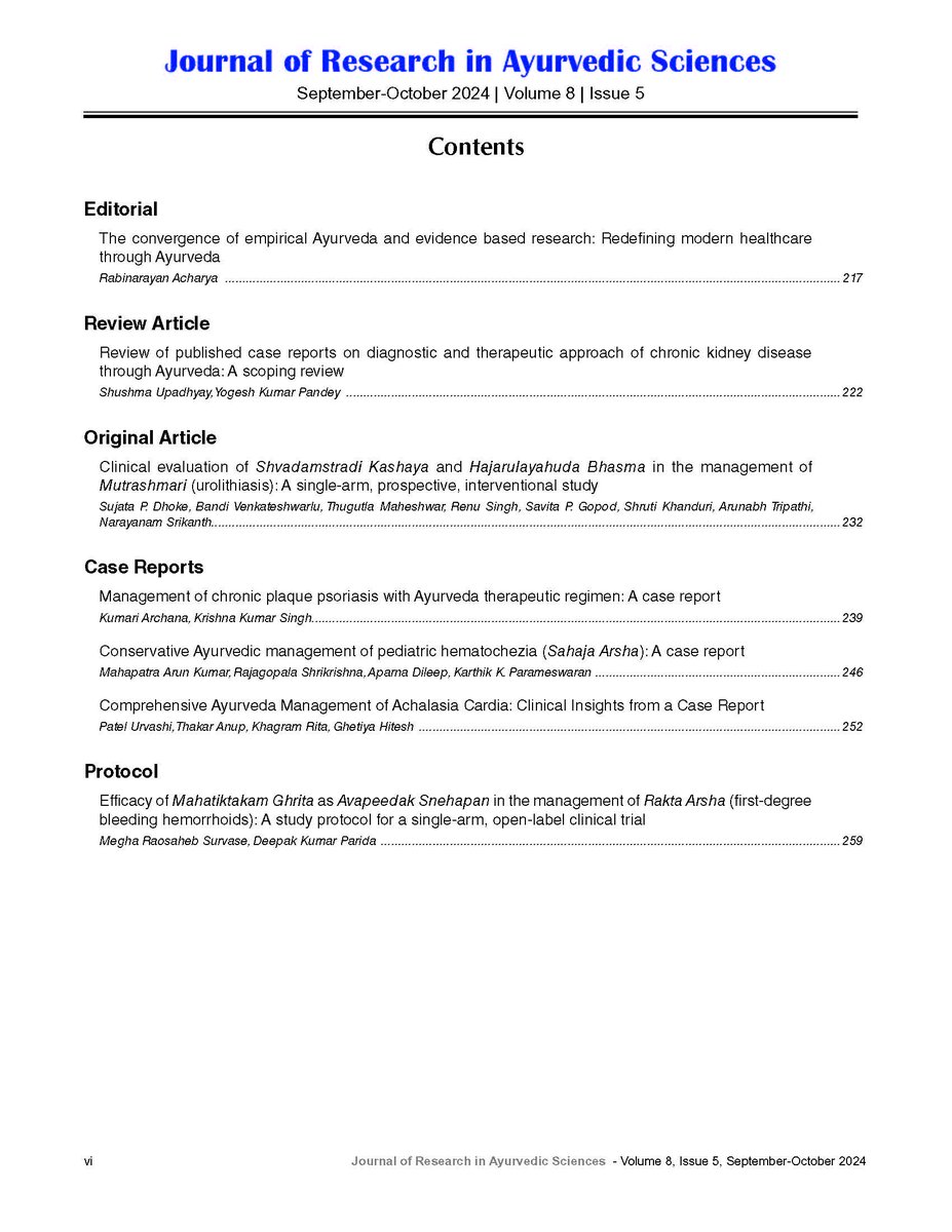CCRAS_MoAyush's tweet photo. The latest #JRAS issue features 7 articles, including an editorial, "The convergence of empirical Ayurveda and evidence based research: Redefining modern healthcare through Ayurveda" by EIC Prof.  (Vd.) @rnacharya1967, along with 1 Review, 1 Original, 3 Case Reports &amp; 1 protocol. https://t.co/O2gLBRpOli