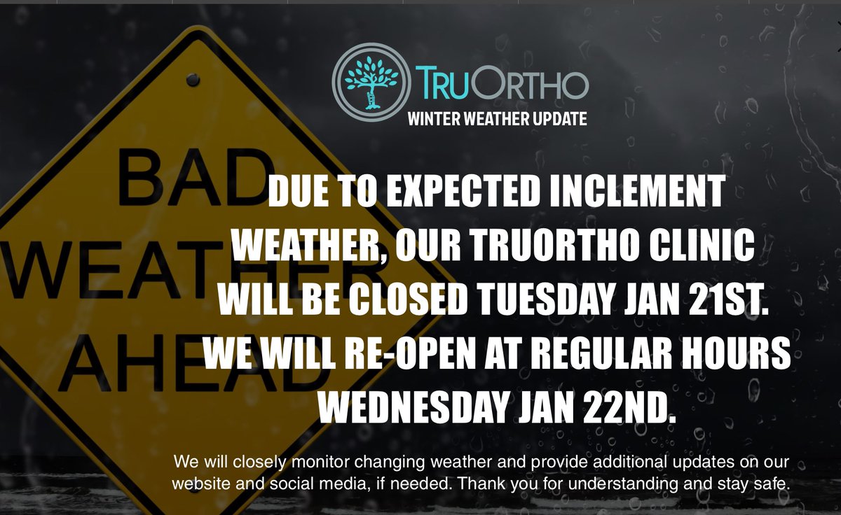 TruOrthoSA's tweet photo. TruOrtho Closure Notice

Due to inclement weather, TruOrtho will be closed on TuesdayJan 21st to ensure the safety of our team and patients. We plan to reopen with regular business hours on Wednesday.

Please stay safe, and we appreciate your understanding. https://t.co/0BLHjP8pWb