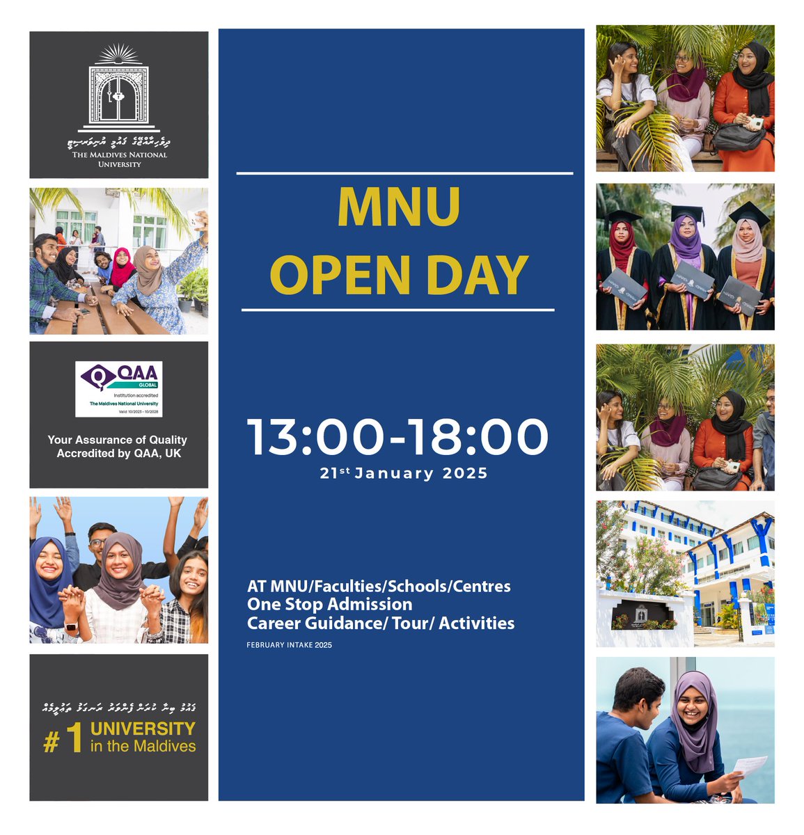 MNUedu's tweet photo. Looking to kickstart your journey with MNU?

 We've got you covered at our One Stop Admission event!  

📅When: January 21st, Tuesday
🕓 Time: 13:00 PM - 18:00 PM
📍 Venue: MNU/Faculties/Schools/Centres (Scroll for more details) 

Don't miss out on this exciting opportunity to shape your future!  

#FahiMNU #StudyatMNU #Gaumubinaakurun #FebruaryIntake2025