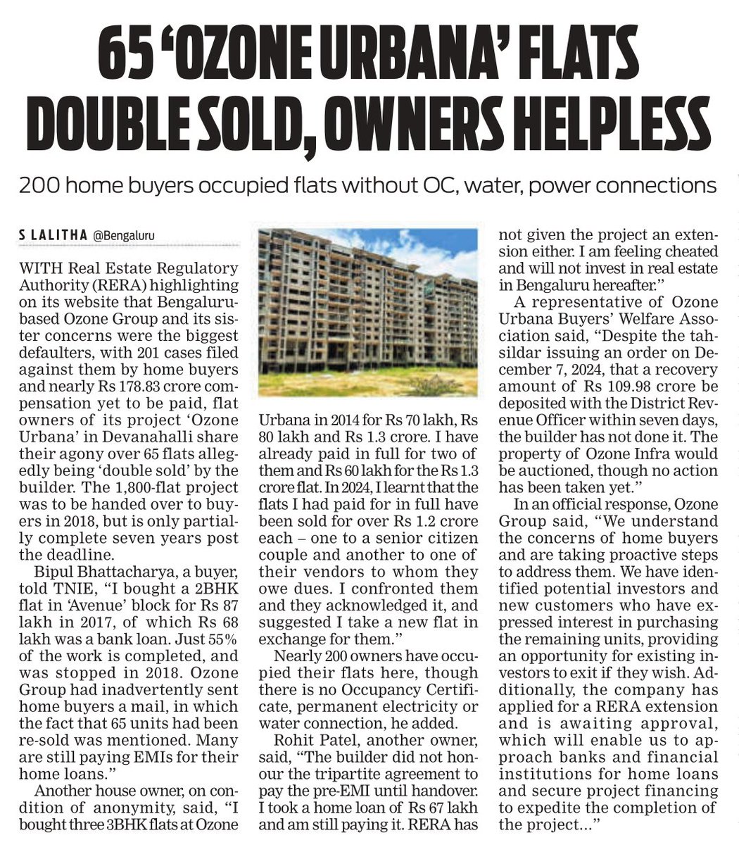 Flat owners @ 'Ozone Urbana' in #Bengaluru Devanahalli face this shocker from builder- their homes resold to new buyer keeping them in the dark. So far, 65 flats double sold, they say. Ozone Grp says trying for funds for proj &amp; RERA ext <a href="/NewIndianXpress/">The New Indian Express</a> <a href="/siddaramaiah/">Siddaramaiah</a> <a href="/PMOIndia/">PMO India</a>