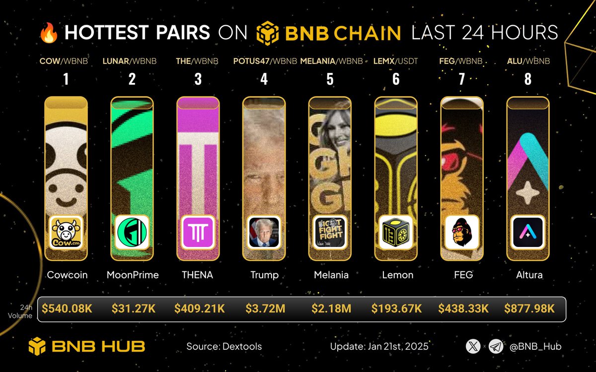 BNB_Hub's tweet image. 🔥 Hottest pairs on #BNBChain last 24H! 🚀

Any exciting updates from your favorite #BNBChain project? 🔥

$COW @cowcmweb3
$LUNAR @MoonPrimeGames
$THE @ThenaFi_
$POTUS47 @trumpcoin_bnb
$MELANIA @melanitrumpbsc
$LEMX @PoweredByLemon
$FEG @FEGtoken
$ALU @altura

$BNB #BSC #Binance