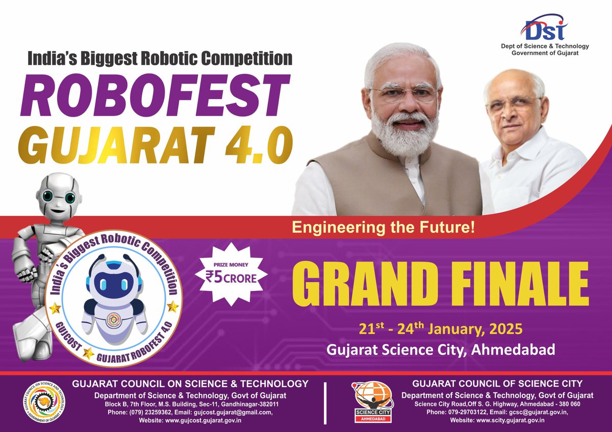 RSCRajkot's tweet image. The #Robofest 4.0 Grand Finale kicks off today at Gujarat Science City, Ahmedabad! Witness #robotics innovation by 5,000+ students from IITs, NITs &amp;amp; more.
Be amazed by cutting-edge technologies &amp;amp; experience the thrill of innovation!
Jan 21-24, &apos;25 | Organized by #GUJCOST