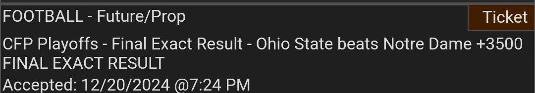 jtorange's tweet photo. I'll take it! Nice hit to finish the #CFBPlayoff    season. If you listened to @jtbrewstew on @FantasyInFrames then you were on this bet with me. https://t.co/2ueNLbK44u