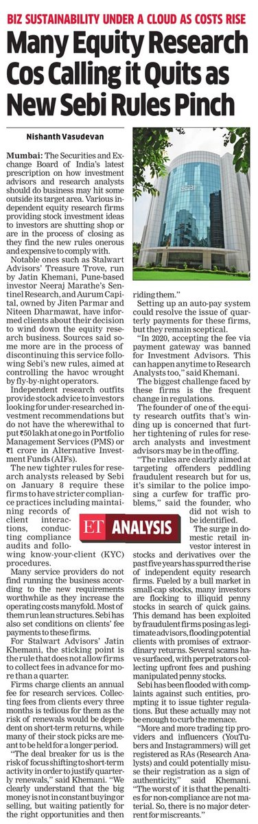 NishanthV_ET's tweet photo. I wrote today why independent equity research firms are winding up after #Sebi's new rules. @Jatin_Khemani 's Treasure Trove &amp; 
@NeerajMarathe 's Sentinel Research are among the ones to shut shop.

https://t.co/gmANYqUfE5 https://t.co/tRcCKvkxef
