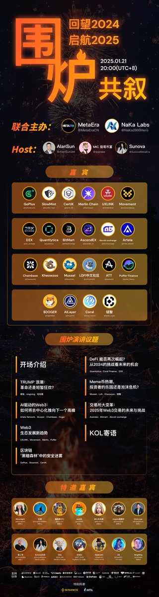 🚨 新春重磅 AMA 来袭 🚨
🔥 围炉共叙：回望2024，启航2025

⏰ 时间：1.21 20:00 UTC+8
🔗链接：x.com/i/spaces/1dRJZ…
✨ 主办方：<a href="/MetaEraCN/">ME News</a>，@NaKa2000Hero
✨ 主持人：<a href="/AlanSunJet/">AlanSun</a>，<a href="/qqzsss/">茄哥币富 🔶BNB🔶DOGE</a>，@SunovaMetaEra

🎙️