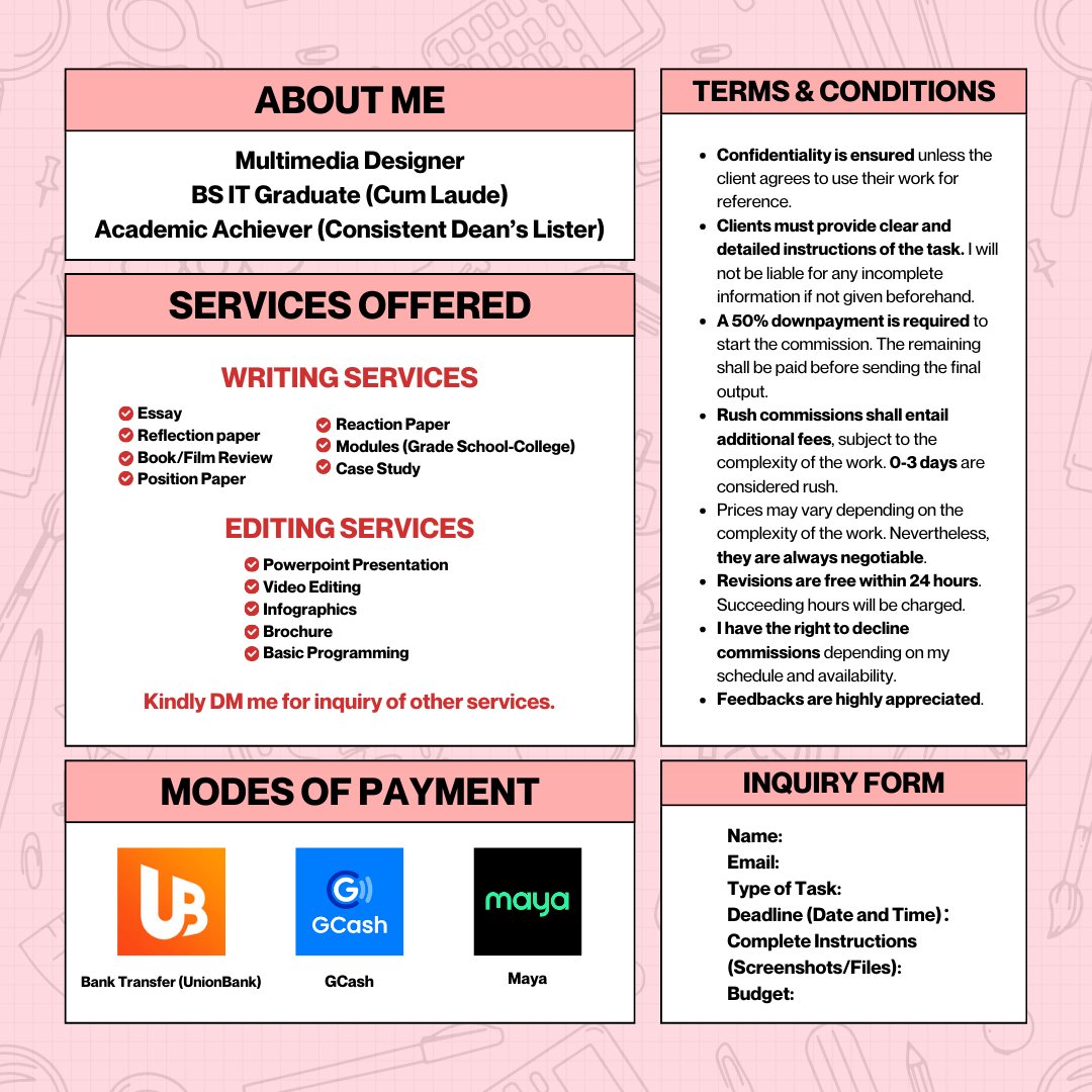 Hi #commstwt! I am now open for commissions!!

Now accepting GCash MOP

Kindly refer below for more info. DM me for any inquiries.
🏷️ lf commissioner lf clients essay reflection book film review position paper reaction paper modules case study ppt infographics brochure video edit