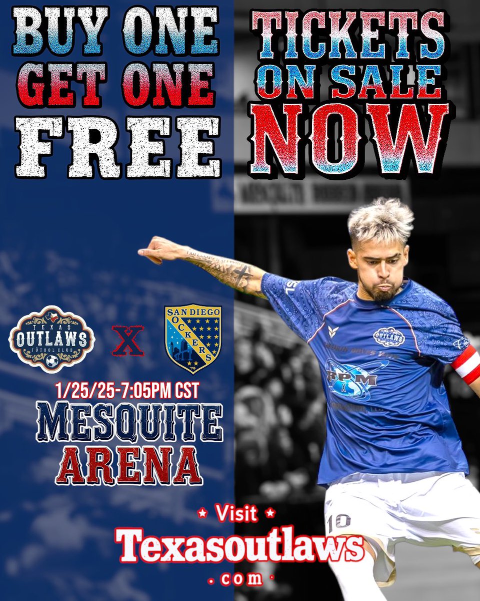 BOGO Yall. Buy a Ticket to our match this Saturday and get another ticket FOR FREE. Bring your family , bring your friends, bring EVERYONE!

Visit Texasoutlaws.com