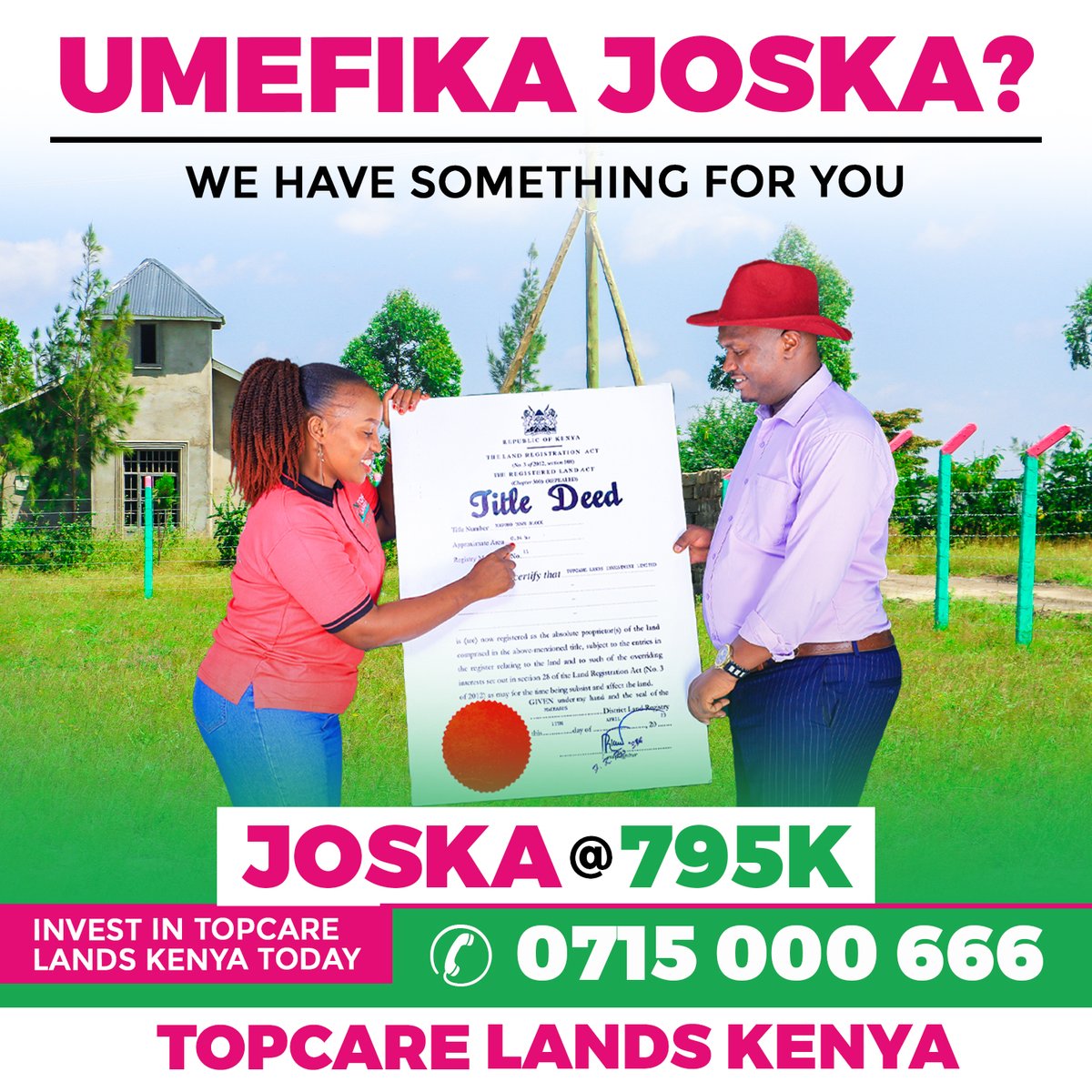 TopcareLandsKE's tweet image. Umefika Joska? We have something for you. At only 795K, get yourself a plot worth its name with a well developed neighbourhood. Call us today on 0715000666. We are built on trust!
#BuiltOnTrust #topcaredelivers