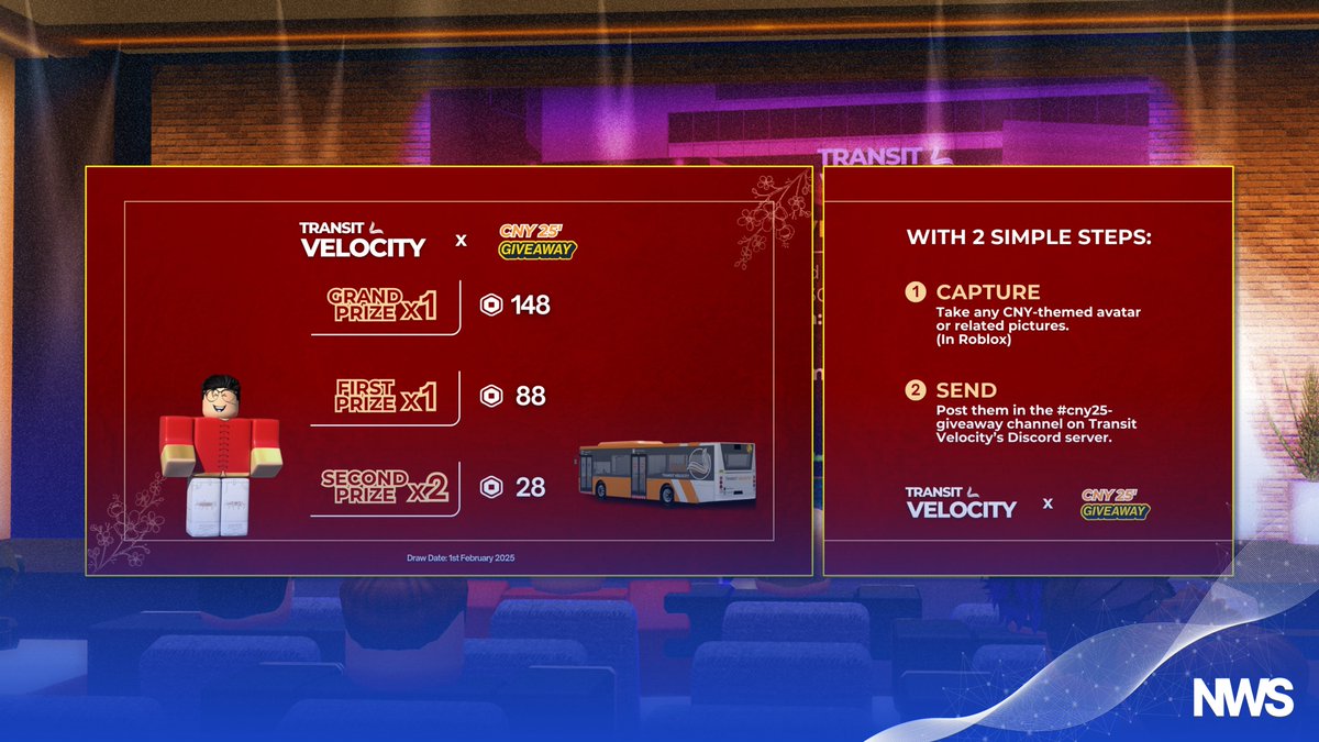 Local bus company MYSverse, Transit Velocity, is hosting the "CNY 25’ Giveaway" in conjunction with Chinese New Year, inviting the public to submit CNY-themed avatar pictures on Discord before 1st February 2025, for a chance to win exciting Robux rewards.