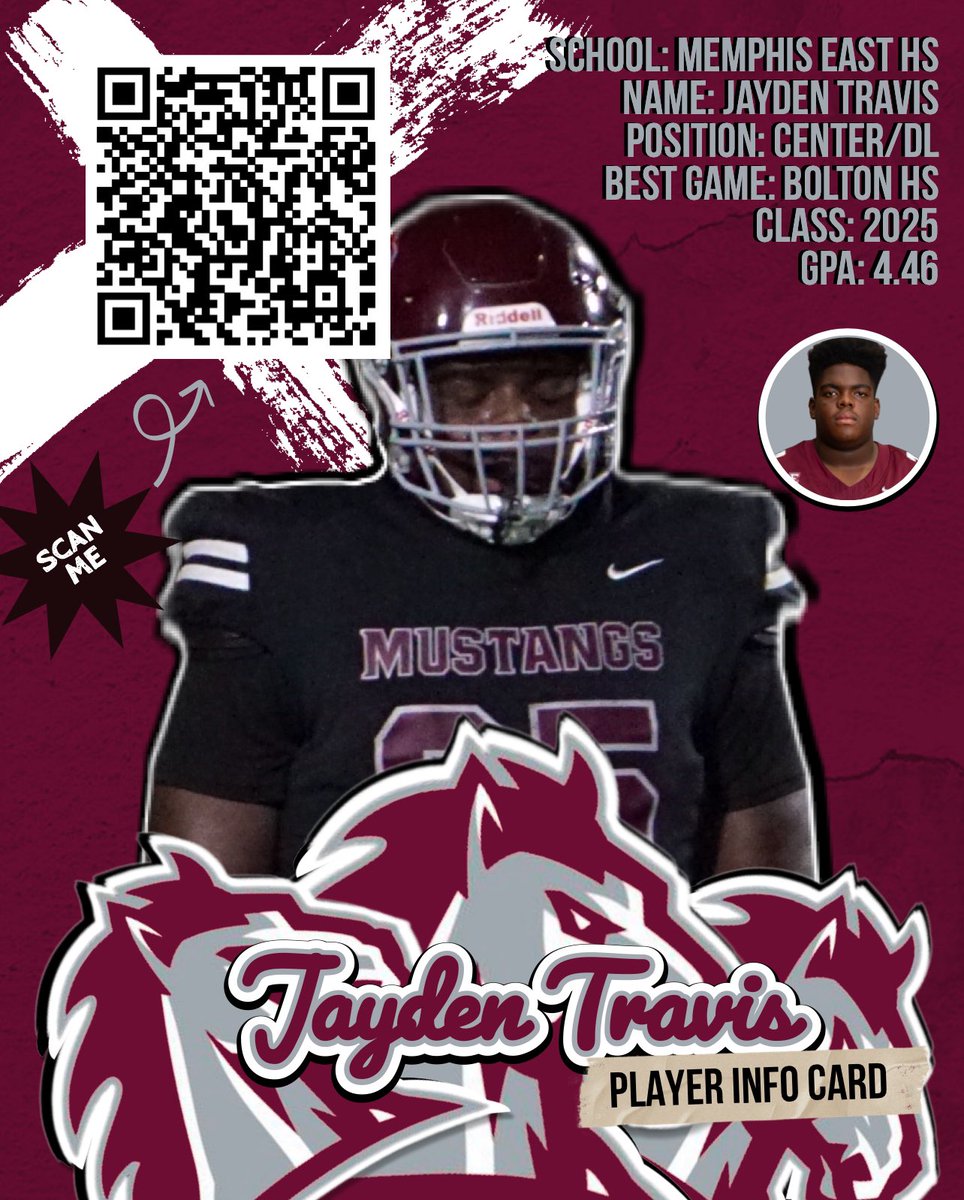 Coaches scan the QR Code on <a href="/JaydenTravis65/">Jayden Travis</a> player card. It takes you to scouting report and hudl film. <a href="/EastMustangsFB/">Mustangs FB</a>