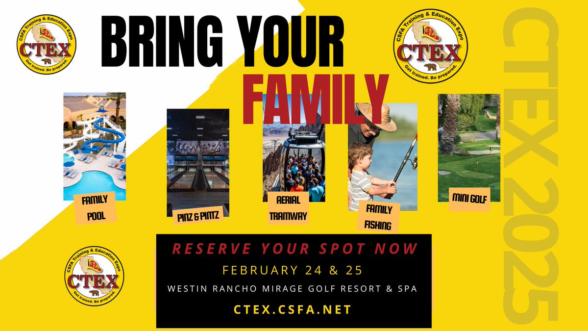Heading to #CTEX2025? The Westin #RanchoMirage has activities for the whole #family:

🎳 Bowling
🏊‍♀️ Family pool with waterslide
🎣 Fishing
⛳ Mini golf
🚡 Palm Springs #AerialTramway (extra cost)

🗓️ Feb 24-25 | Register: CTEX.CSFA.NET

#PalmSprings #FireCareer #CSFA