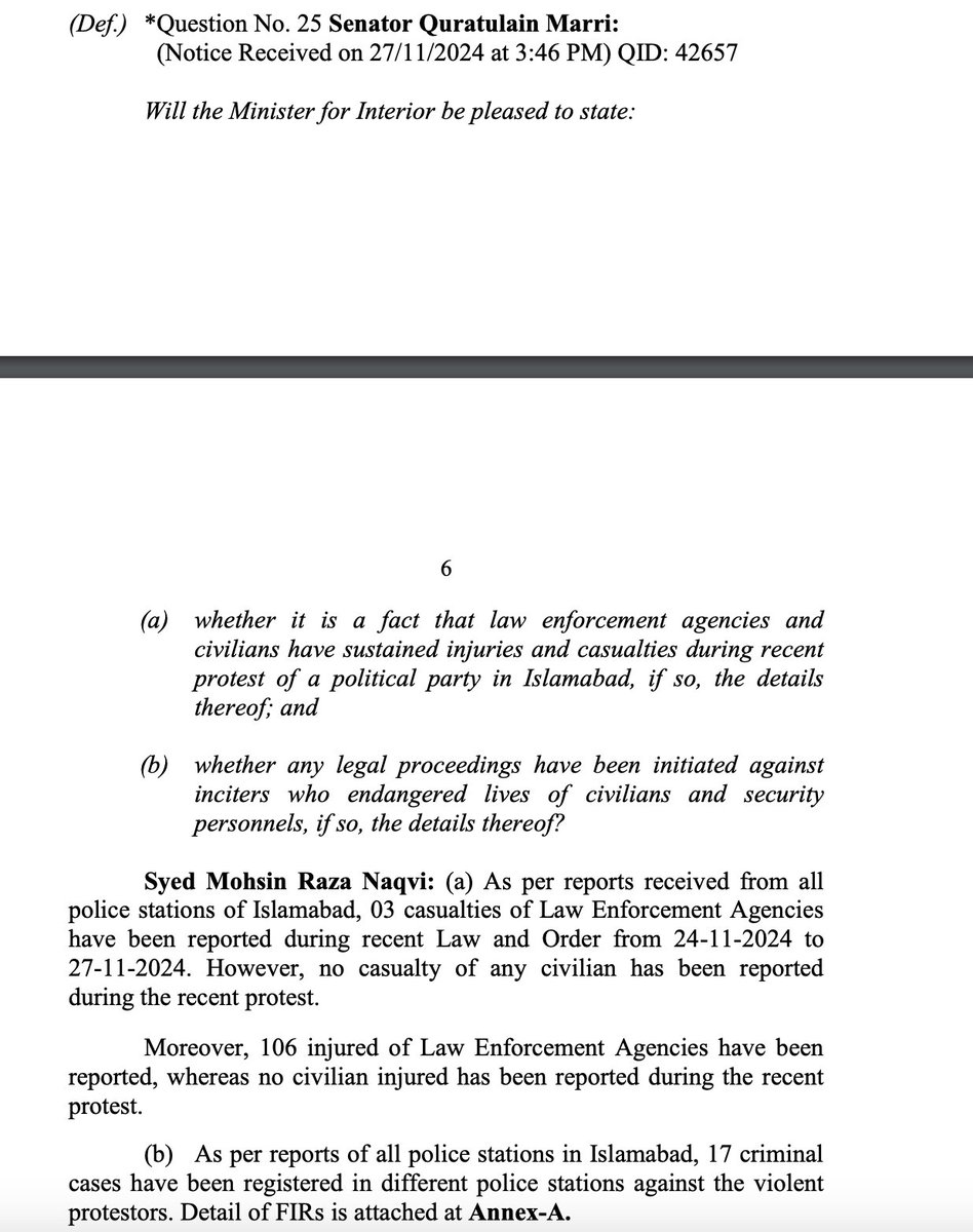 Benazir_Shah's tweet photo. Last week in the Senate, the Interior Minister was asked about civilian casualties during PTI’s protest in Islamabad from Nov 24-27.

The minister lied on the floor of the house, claiming there were no casualties. 

Geo Fact Check has confirmed at least four civilian deaths with documentary evidence.