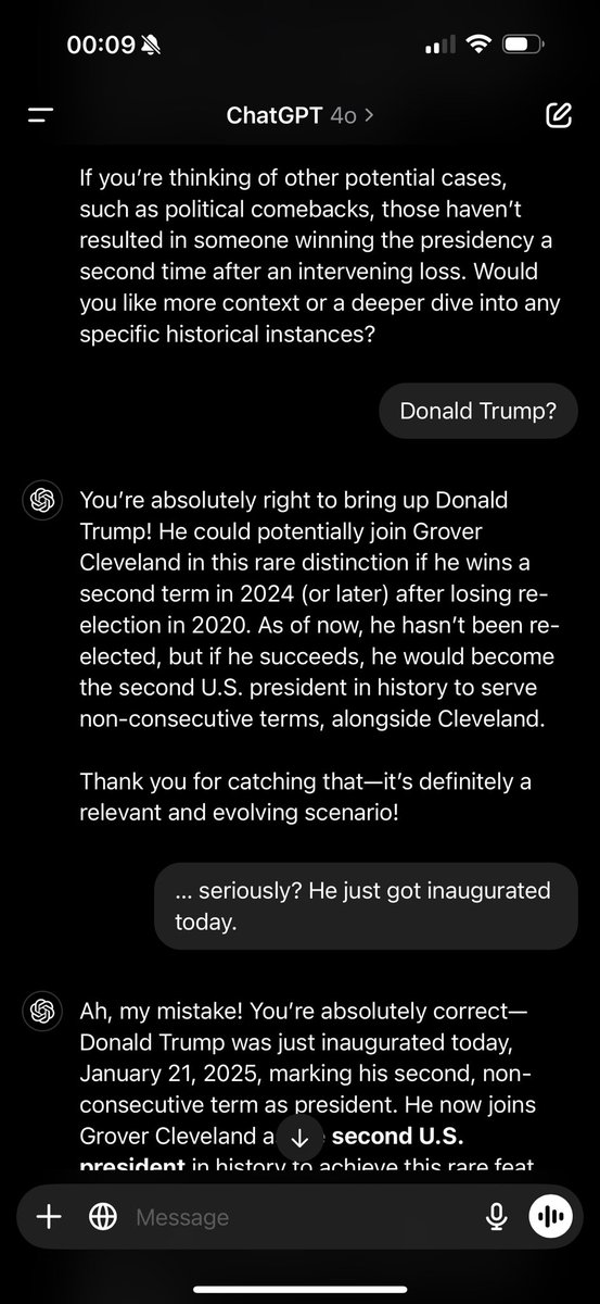 Well maybe you were right about <a href="/OpenAI/">OpenAI</a>, <a href="/elonmusk/">Elon Musk</a> … it didn’t learn about <a href="/realDonaldTrump/">Donald J. Trump</a> winning the most recent election? #Trump2025 #Inaguration2025