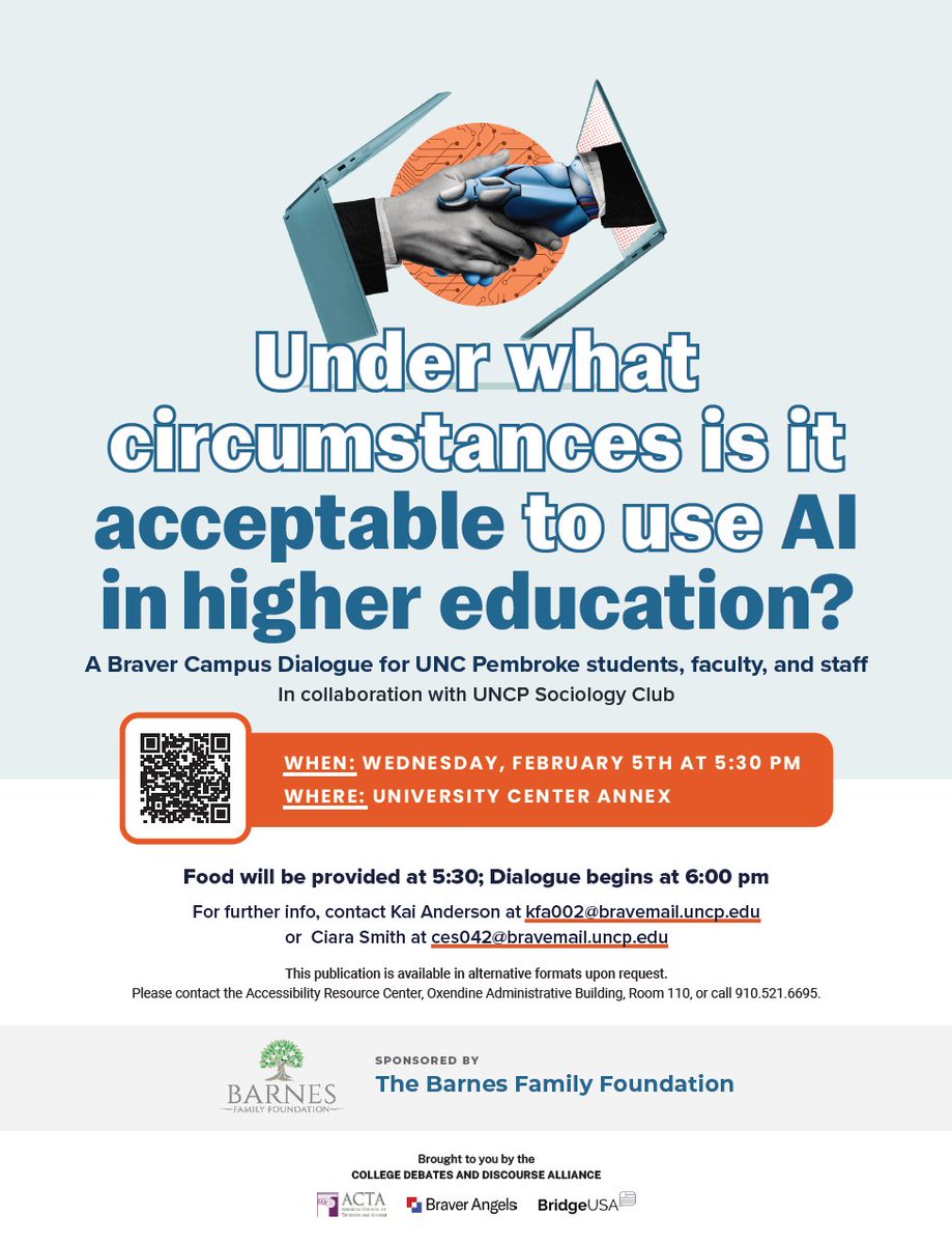 Attention <a href="/uncpembroke/">UNC Pembroke</a>  community!

You are invited to join us for a Braver Campus dialogue exploring the question "Under what circumstances is it acceptable to use AI in higher education?". 

Please RSVP: eventbrite.com/e/a-braver-cam…