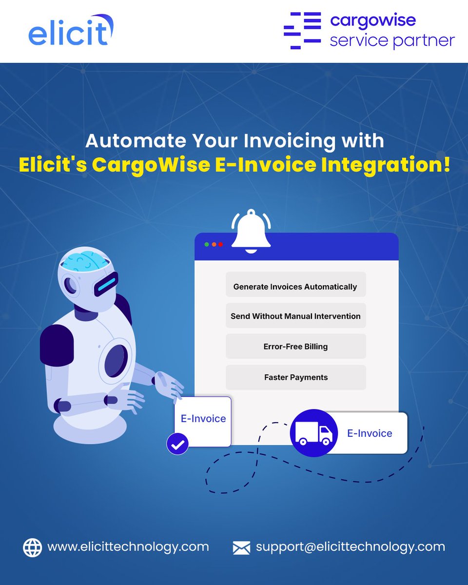 ElicitTechnlgy's tweet image. Imagine a world where your invoices are generated and sent automatically, no more chasing down payments or dealing with manual errors!

Read more: tinyurl.com/ymbza63j

Visit us at: lnkd.in/gfZ_rHST

#CargoWise #einvoiceintegration #LogisticsSolutions #ElicitTechnology