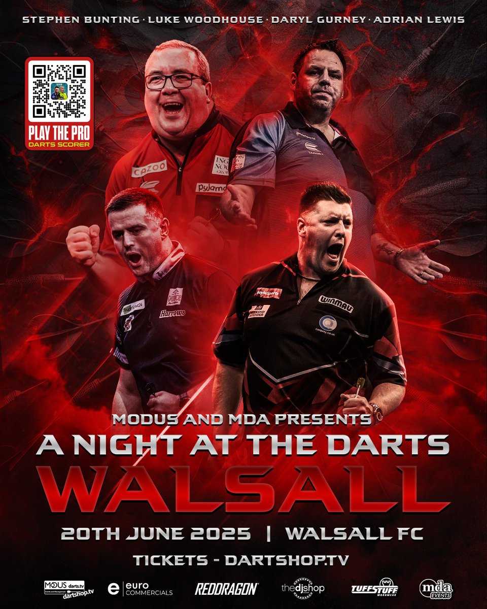 MODUS Sports (@modusdarts180) on Twitter photo 🔴⚫️Walsall, we are bringing the darts to the Poundland Bescot Stadium in 2025!
A top night of tungsten is guaranteed in the Midlands, so don't miss your chance to be part of the action!
🎟Tickets:
dartshop.tv/a-night-at-the…
<a href="/sbunting180/">Stephen Bunting</a>
<a href="/jackpot180/">Adrian Lewis</a>
<a href="/Superchin180/">Daryl Gurney</a> 🔴⚫️Walsall, we are bringing the darts to the Poundland Bescot Stadium in 2025!
A top night of tungsten is guaranteed in the Midlands, so don't miss your chance to be part of the action!
🎟Tickets:
dartshop.tv/a-night-at-the…
<a href="/sbunting180/">Stephen Bunting</a>
<a href="/jackpot180/">Adrian Lewis</a>
<a href="/Superchin180/">Daryl Gurney</a>
