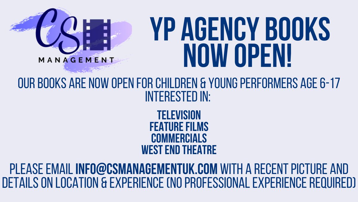 CSManagementuk's tweet image. Our wonderful Young Performers just keep growing up! 😆

We will be opening our books for a short while to take on new actors aged between 6-17. 

No experience necessary.

*Please note our adult books are currently closed, more info on when those will open coming soon!*