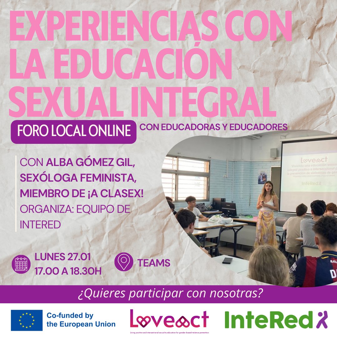 KideOn (@kide_on) on Twitter photo 📢 FORO EDUCACIÓN SEXUAL INTEGRAL con la sexologa feminista Alba Gómez Gil.
¿Quieres participar? Hablaremos sobre apoyo mutuo en educación. ¡No te lo pierdas! 🧑🏫👩🏫
🗓️ 27 de enero
⏰ 17:00 - 18:30
💻 Online
🔗 Únete aquí 👉 bit.ly/3xForoDocente
#LoveAct <a href="/InteRed_ong/">✳️ Fundación InteRed</a> 📢 FORO EDUCACIÓN SEXUAL INTEGRAL con la sexologa feminista Alba Gómez Gil.
¿Quieres participar? Hablaremos sobre apoyo mutuo en educación. ¡No te lo pierdas! 🧑🏫👩🏫
🗓️ 27 de enero
⏰ 17:00 - 18:30
💻 Online
🔗 Únete aquí 👉 bit.ly/3xForoDocente
#LoveAct <a href="/InteRed_ong/">✳️ Fundación InteRed</a>