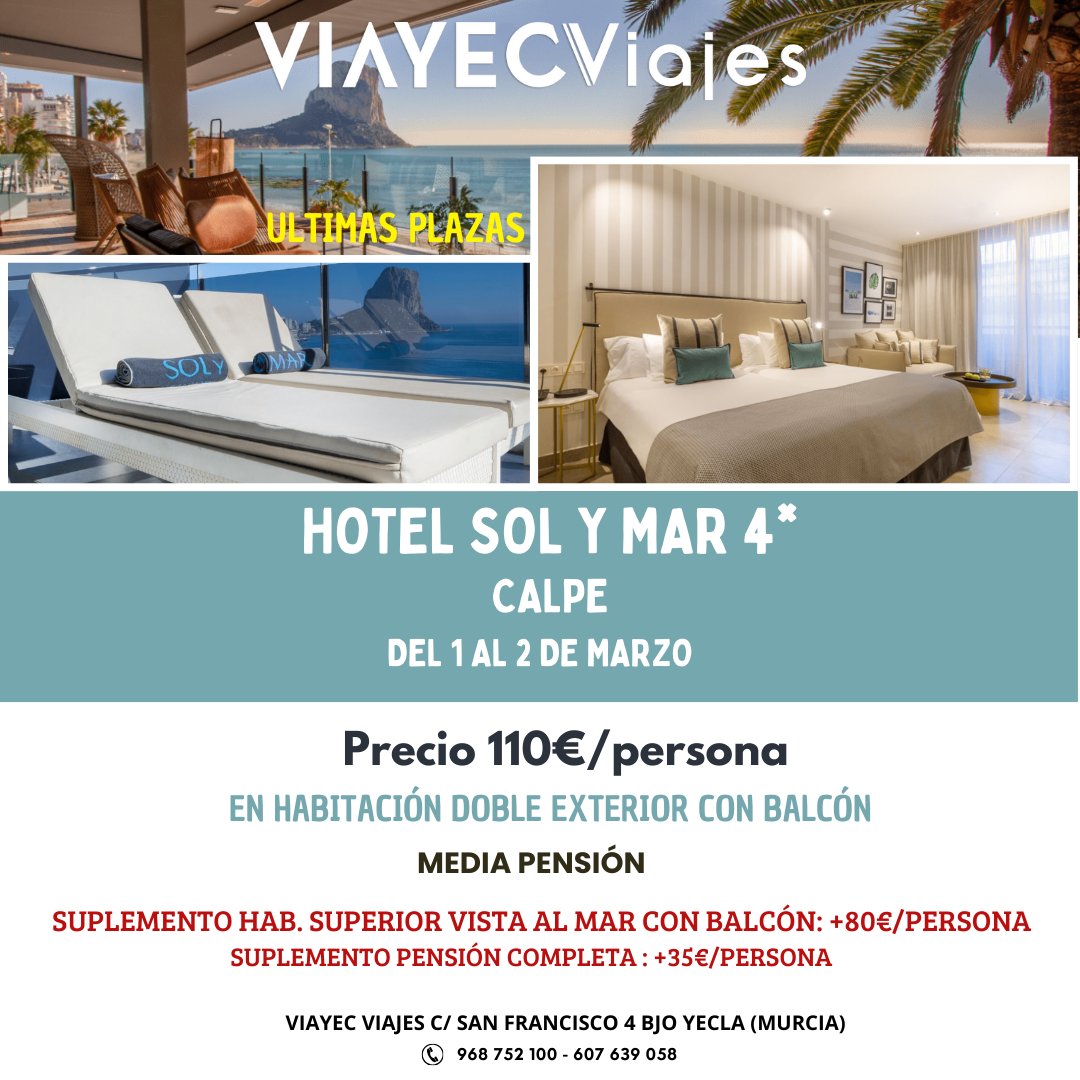 ¡¡Ultimas plazas!!

Escapada fin de semana en Calpe

Fechas: 1 al 2 de marzo (1 noche)

Régimen: Media pensión

Solo Adultos

Plazas limitadas