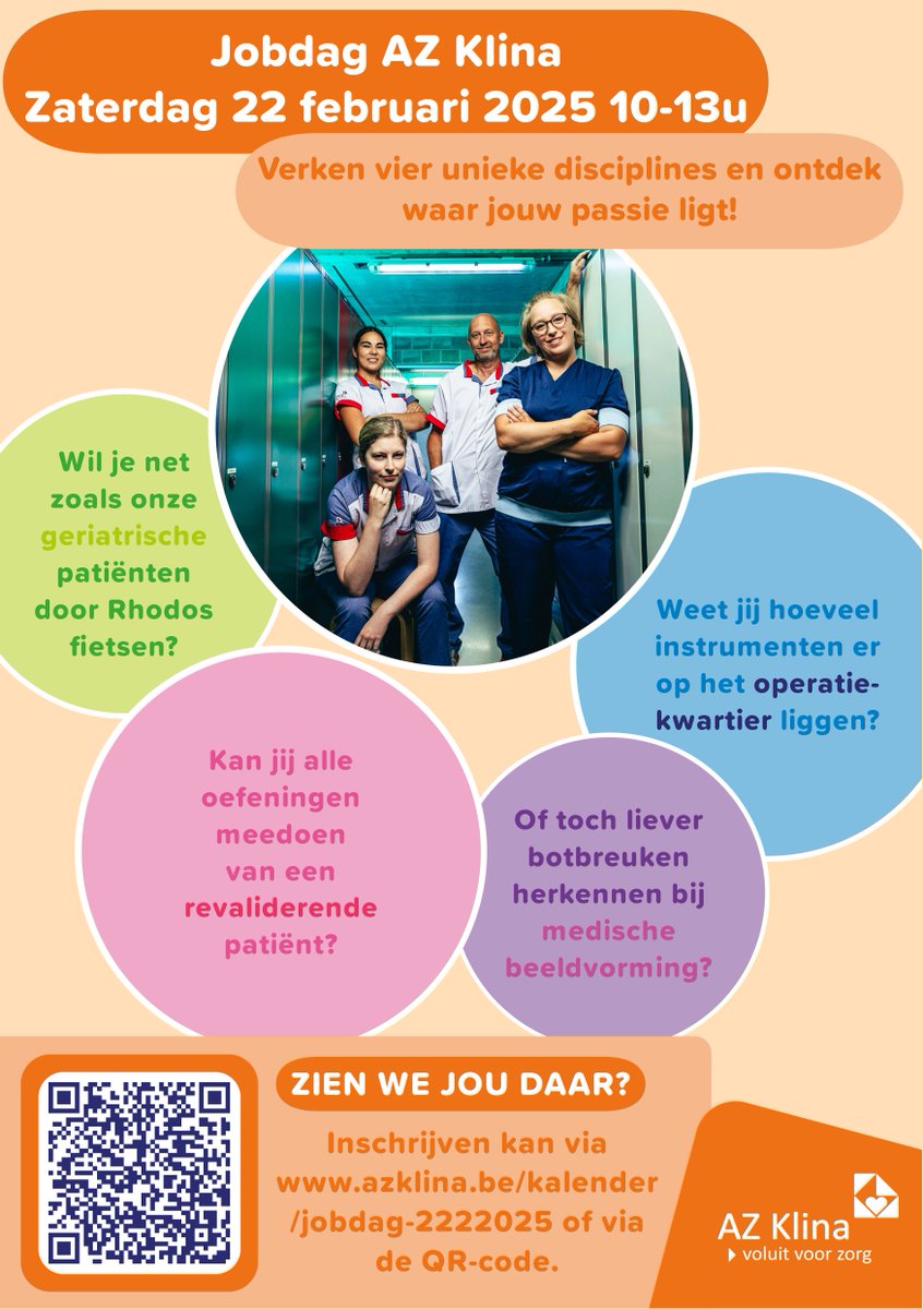 Ben jij een verpleegkundige of studeer je binnenkort af? 🏥

👉 Ontdek jouw passie op onze interactieve jobdag! 

📍 Wanneer: Zaterdag 22 februari 2025
📍 Waar: Bistro AZ Klina - Augustijnslei 100, 2930 Brasschaat 
🕛 De laatste rondleiding start om 12u30.