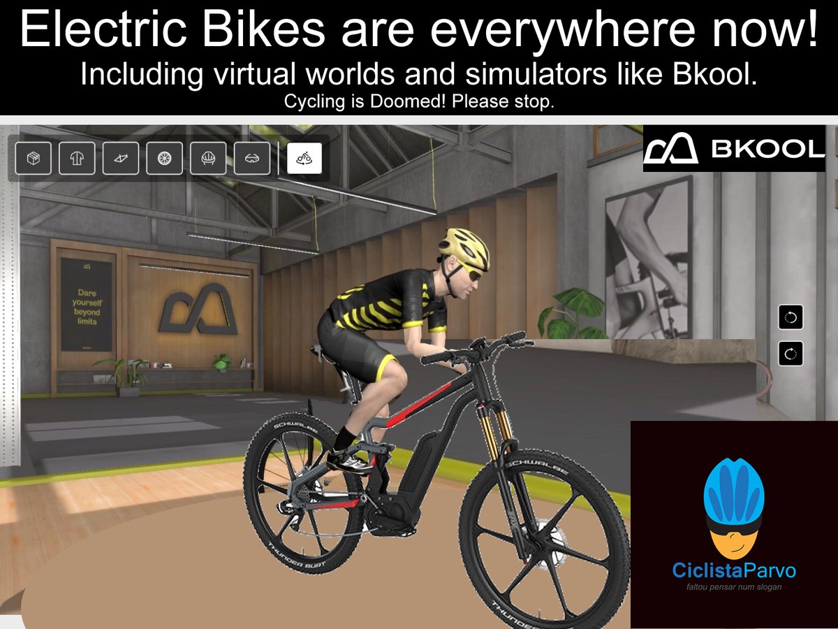 CiclistaParvo's tweet image. Electric Bikes are everywhere now. 
Including virtual worlds and simulators like @BKOOL_en  
Cycling is Doomed! Please stop.

#humor #fun #ciclistaparvo #cycling #bikes #roadcycling #memes #cyclingmemes #ciclismo #bicicletas #ebikes #electricbices #indoorcycling #mtb #btt #apps