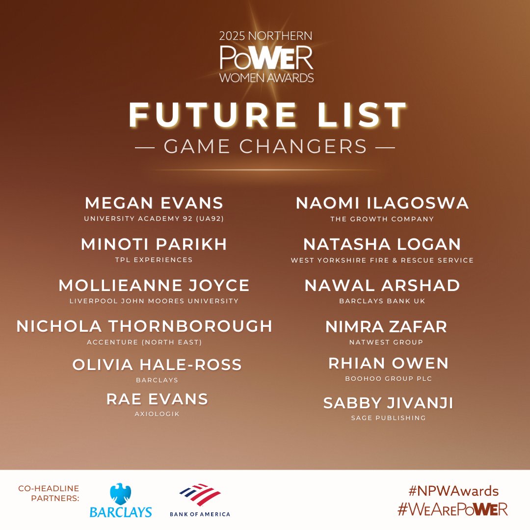 Northern Power Women Awards (@npwawards) on Twitter photo 3/4: Our 2025 Future List for the #NPWAwards Co-Headlined by <a href="/BarclaysUK/">Barclays UK</a> & <a href="/BankofAmerica/">Bank of America</a> ✨
Book tickets for 6.03.25: wearepower.net/awards
Partners: Castle Peak Group <a href="/TetraTechEurope/">Tetra Tech Europe</a> <a href="/CPCatapult/">Connected Places Catapult</a> <a href="/asda/">Asda</a> <a href="/BTGroup/">BT Group</a> <a href="/BentleyMotors/">Bentley Motors</a>
#WeArePoWEr <a href="/MinotiParikh/">Minoti Parikh (she/her)</a> <a href="/sabby_kaur_/">Sabby Kaur Jivanji (she/her)</a> 3/4: Our 2025 Future List for the #NPWAwards Co-Headlined by <a href="/BarclaysUK/">Barclays UK</a> & <a href="/BankofAmerica/">Bank of America</a> ✨
Book tickets for 6.03.25: wearepower.net/awards
Partners: Castle Peak Group <a href="/TetraTechEurope/">Tetra Tech Europe</a> <a href="/CPCatapult/">Connected Places Catapult</a> <a href="/asda/">Asda</a> <a href="/BTGroup/">BT Group</a> <a href="/BentleyMotors/">Bentley Motors</a>
#WeArePoWEr <a href="/MinotiParikh/">Minoti Parikh (she/her)</a> <a href="/sabby_kaur_/">Sabby Kaur Jivanji (she/her)</a>