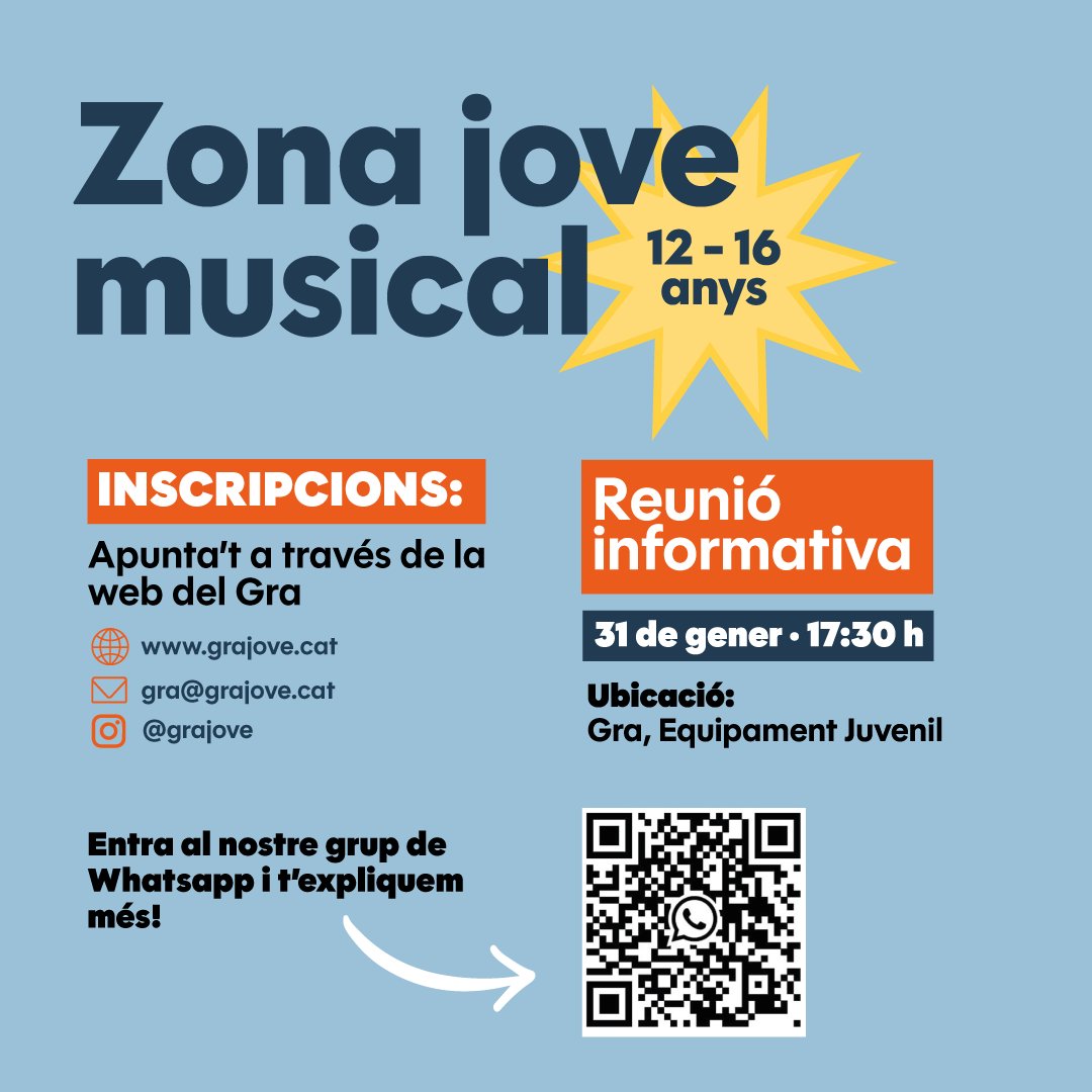 🎶 Tens entre 12 i 16 anys i vols aprendre música? 🥁 Obrim un nou espai creatiu a Granollers! 

🤳 Per a més informació, pots entrar al grup de
WhatsApp escanejant el codi QR. 💬 I si encara tens dubtes, vine el 31/01 a les 17:30 h a la reunió informativa al GRA i en parlem!