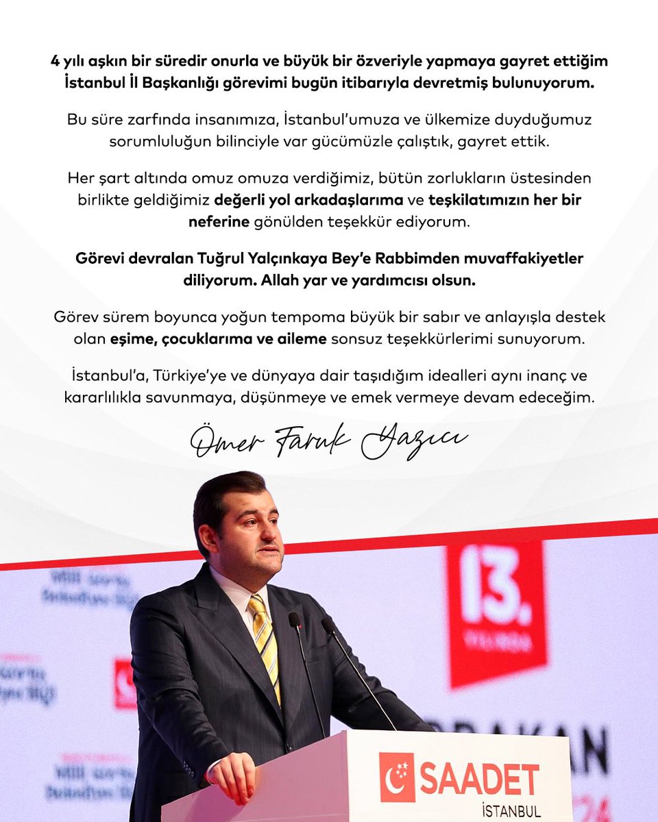 4 yılı aşkın bir süredir onurla ve büyük bir özveriyle yapmaya gayret ettiğim İstanbul İl Başkanlığı görevimi bugün itibarıyla devretmiş bulunuyorum.

Bu süre zarfında insanımıza, İstanbul’umuza ve ülkemize duyduğumuz sorumluluğun bilinciyle var gücümüzle çalıştık, gayret ettik.