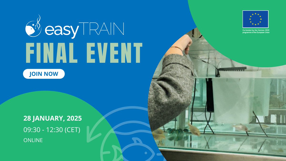 🌊 #EasyTRAIN Final Online Event!

🔬 Discover groundbreaking research by 6 ESRs advancing #SustainableAquaculture:
🌱Organic feed innovations
🔄Synchronizing fish &amp; plant rhythms
💡LED tech for microalgae
🐟Fish welfare in aquaponics

🔗 Register: cutt.ly/xe9cfFEj