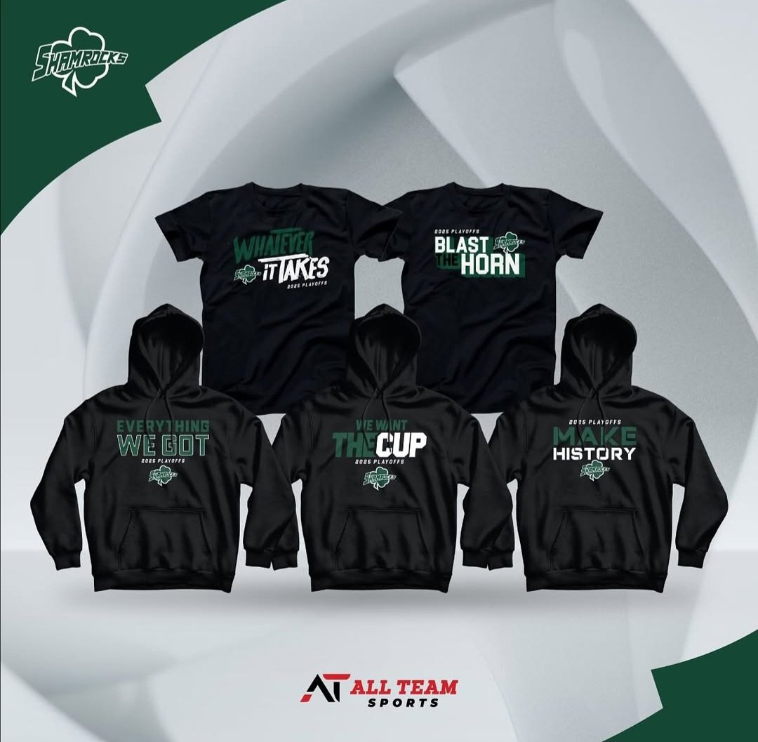 2025 Shamrocks Play-Off T-Shirts are now available for purchase at All Team Sports.

5 unique designs are available in Adult and youth sizes for.
* Playoff Tee - $25 per shirt + tax
* Playoff Hoodie - $50 per hoodie + tax

shopallteam.com/search/25+play…