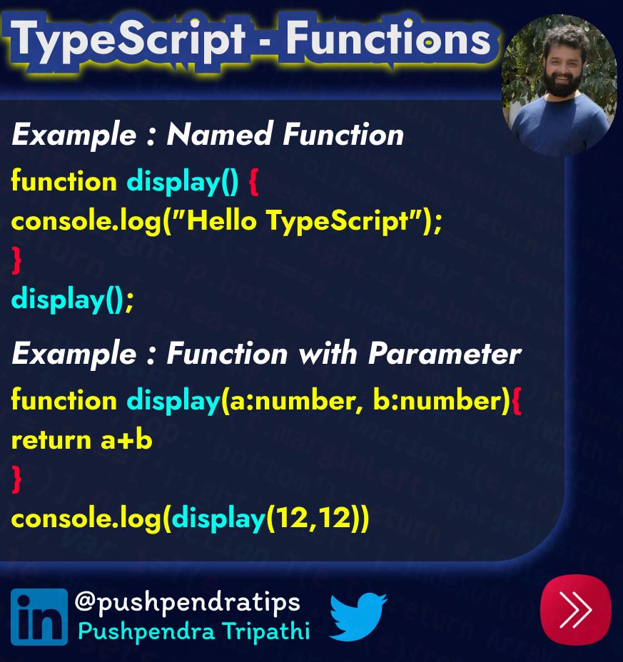 pushpendratips's tweet image. TypeScript Functions🚀
#TypeScriptFunctions #TypeScript
#TypeScriptTutorial #TypeScriptProgramming
#LearnTypeScript #TypeScriptTips
#TypeScriptFeatures #JavaScript
#TypeScriptDevelopment #TypeSafety
#FunctionInTypeScript
