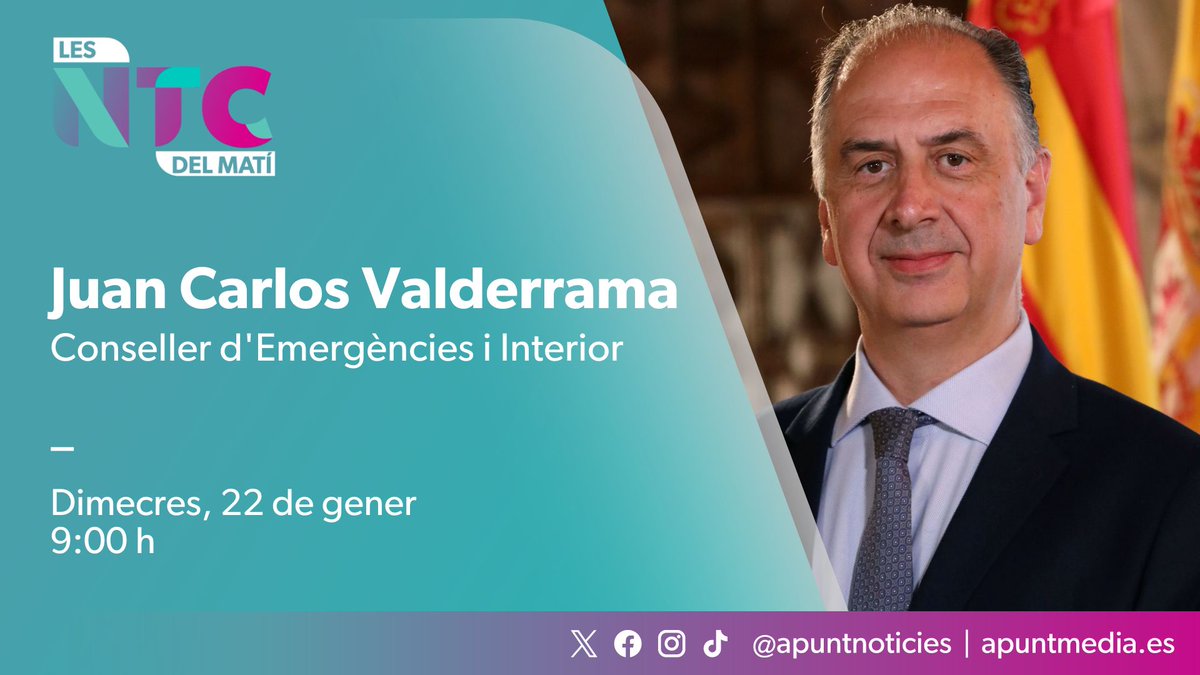 📡Demà entrevistem el conseller d'Emergències i Interior [<a href="/GVAEmergencias/">GVA Emergències i Interior</a>], Juan Carlos Valderrama.

🗣️Amb <a href="/ndelatower/">Noa de la Torre</a>, <a href="/VictorRomeroEC/">Víctor Romero</a> i <a href="/adolfbeltran/">Adolf Beltran Català</a> en la tertúlia.   

⏰09:00 h 
📻 web.apunt.es/RàdioEnDirecte
📺 web.apunt.es/DirecteTV