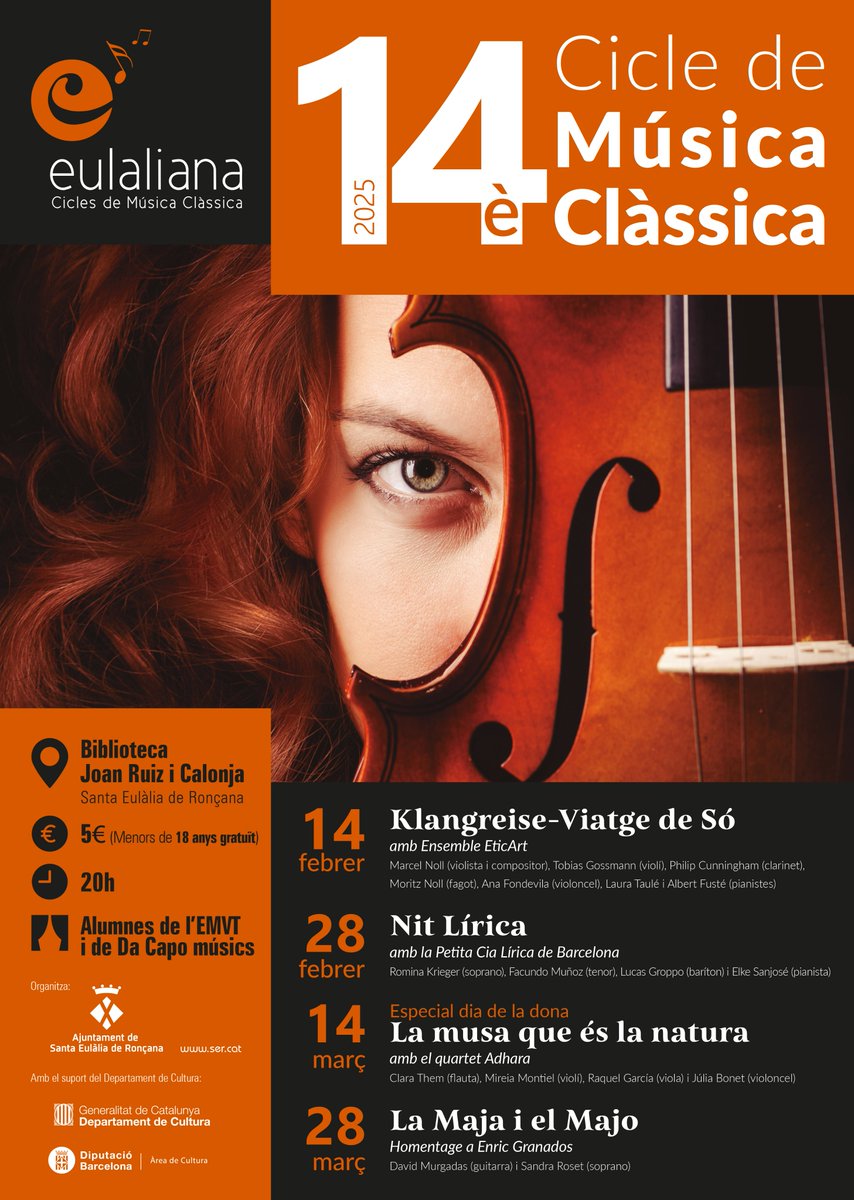 🎶 La 14a edició del Cicle de Música Clàssica Eulaliana comença el 14 de febrer #SantaEulàliadeRonçana

📌 La Biblioteca acollirà els quatre concerts d'enguany els divendres alterns fins el 28 de març

Més informació a ▶️ recursos.ser.cat/qDM1Fq