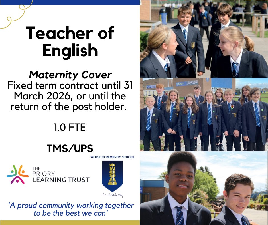 - Teacher of English - 
<a href="/WorleCSA/">WCSA</a>

Join us in shaping the future, one student, one teacher, and one community at a time.

For more information &amp; to apply, please visit the link below;
bit.ly/3E1RJbA

#Teacher #JobsInSchools #English